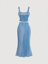 Blue Pleated Bowknot Retro Camisole Top And Skirt Set With Mermaid Hem